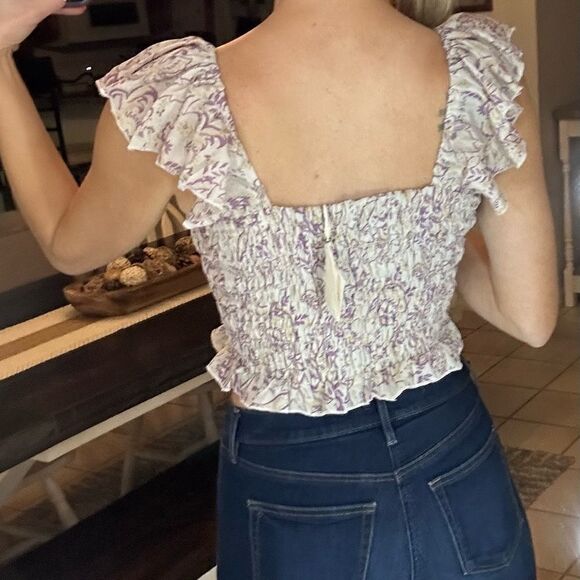 Perry Walker Collective Purple & Yellow Silk Floral Smocked Ruffle Sleeve Top - Picture 3 of 10